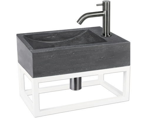 Kamenné umývadlo s batériou a rámom do kúpeľne