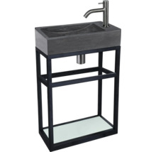 Umývadlo s kamenným umývadlom a čiernym kovovým rámom