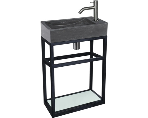 Umývadlo s kamenným umývadlom a čiernym kovovým rámom