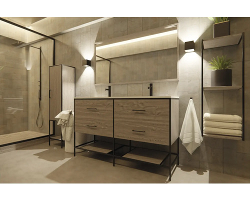 Svetlá kúpeľňa s umývadlom, zrkadlom, regálom a sprchou