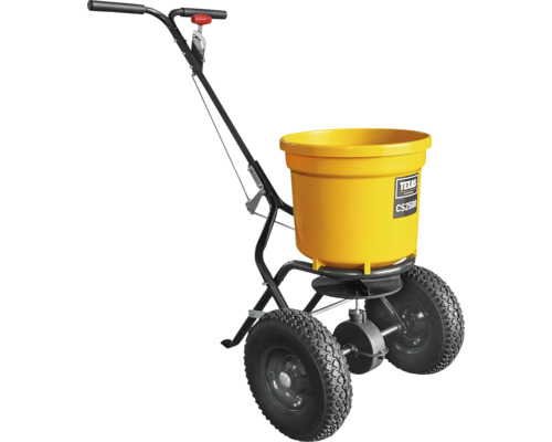 Rozmetadlo so žltou nádobou a dvoma kolesami