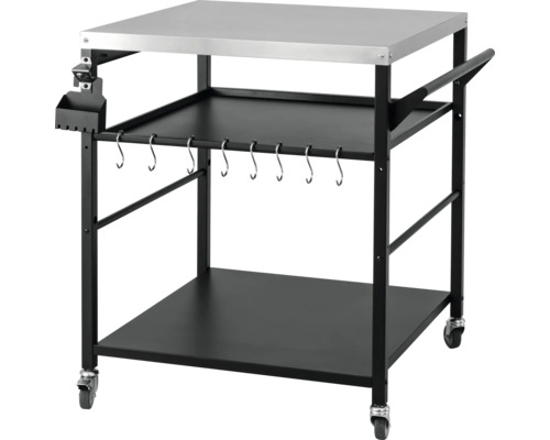 Grilovací stôl s nerezovou doskou, háčikmi a kolieskami