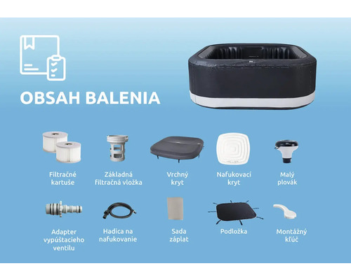 Obsah balenia: Nafukovacia vírivka, filtračná kartuša, filtračná vložka, vrchný kryt, nafukovací kryt, malý plavák, adaptér vypúšťacieho ventilu, hadica na nafukovanie, sada záplat, podložka, montážny kľúč