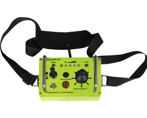 Žltá riadiaca jednotka s popruhom na nosenie, reguláciou rýchlosti, výstražnou pákou a riadiacou pákou.