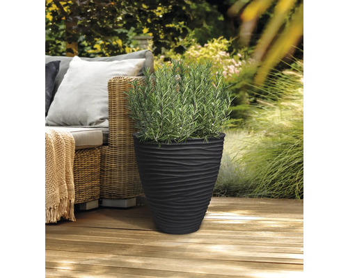 Čierny kvetináč s vlnitým dizajnom a rastlinou rozmarínu na terase