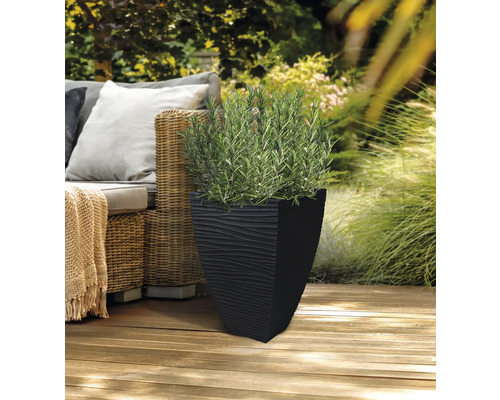 Čierny kvetináč so štruktúrovaným vzorom a zelenou rastlinou na drevenej terase