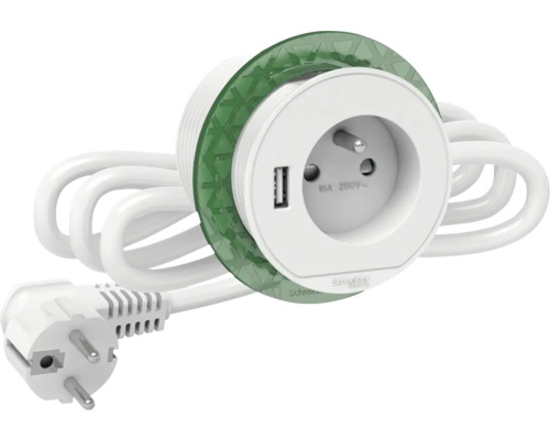 Stolový box XS Schneider Electric INS44006 1x 250 V/16 A + 1x USB-A 3,1 A biely Zásuvka s USB portom a prívodným káblom