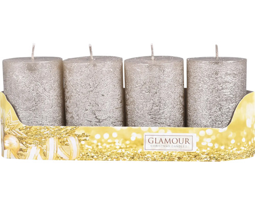 Sviečka adventná rustikálna 5x8cm, 4ks metal Štyri strieborné stĺpové sviečky v balení