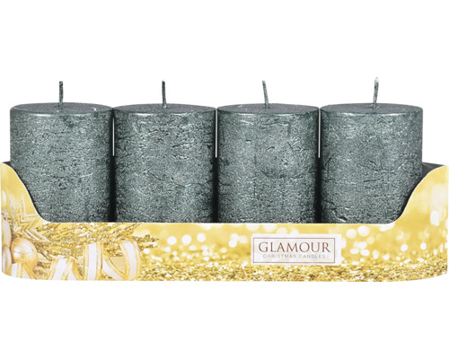 Štyri sivé stĺpové sviečky vo sviatočnom balení