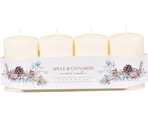 Adventné sviečky vonné VALEC 6 x 10 cm 4 ks krémové Sada štyroch vonných sviečok jablko a škorica