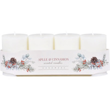 Štyri biele vonné sviečky s vôňou jablka a škorice v ozdobnom balení