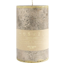 Rustikálna stĺpová sviečka s papierovou páskou a rustikálnou textúrou