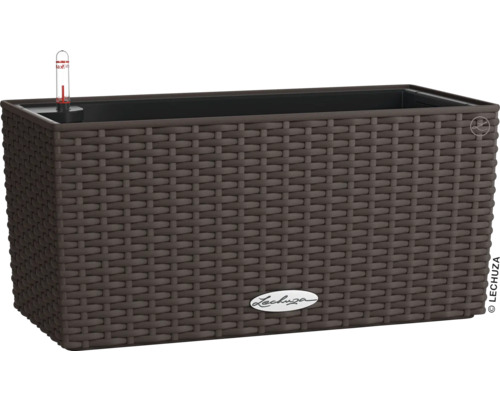 Obdĺžnikový kvetináč so zavlažovacím systémom a pleteným dizajnom.