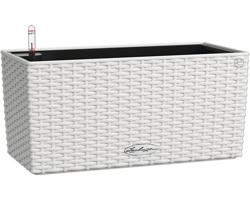 Obdĺžnikový kvetináč so zavlažovacím systémom a logom Lechuza.