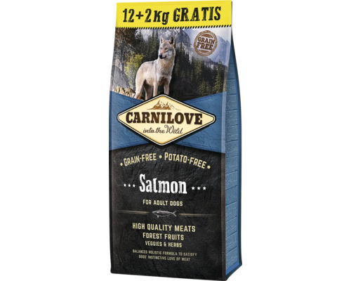 Granule pre psov Carnilove Grain Free Salmon for Adult 12+2 kg zadarmo Carnilove suché krmivo pre psov s lososom pre dospelých psov, bez obilnín