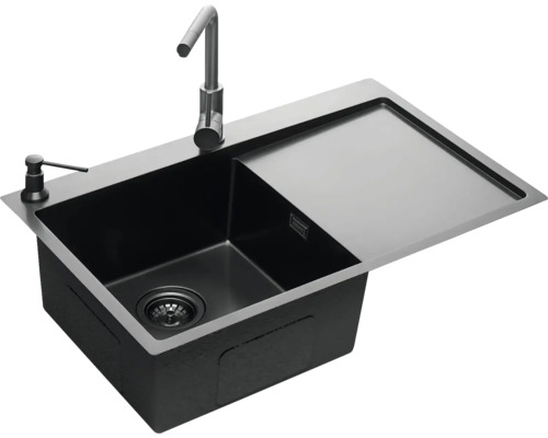 Nerezový drez Concept NANO coat TITANIA ľavý DNN1045dsl 780 x 500 mm DNN1045dsl Čierny kuchynský drez s odkvapkávacou plochou, batériou a dávkovačom mydla