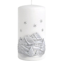 Sviečka s motívom zimnej dediny a snehovými vločkami