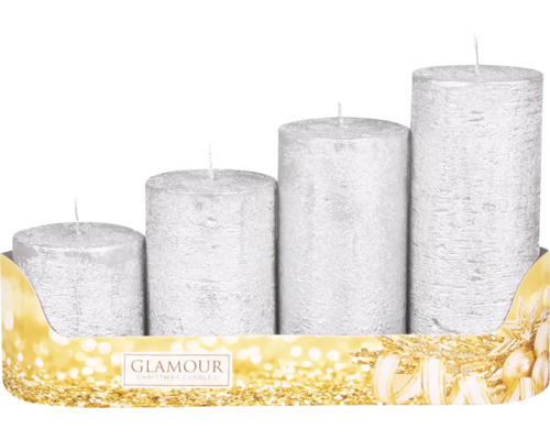 Adventné sviečky rustikálne stupňovité Ø5 x 6/8/10/12 cm 4 ks antracitové Sada štyroch strieborných valcových sviečok