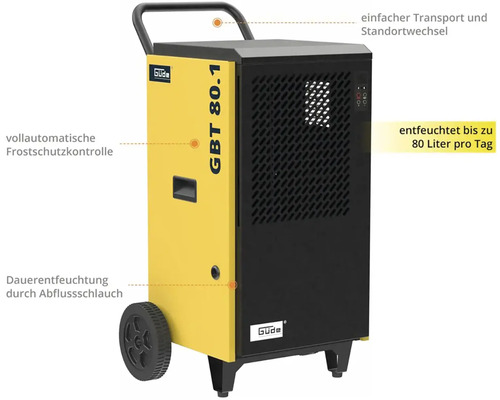 Žltý a čierny odvlhčovač Güde s kolieskami a rukoväťou