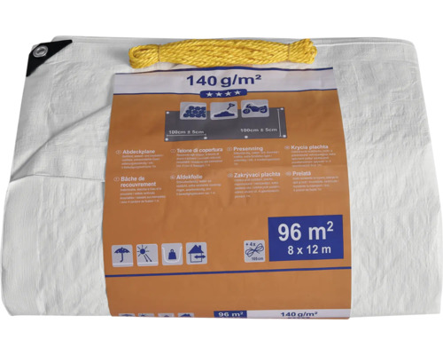 Biela krycia plachta so žltým lanom a informáciami o produkte, plocha 96 metrov štvorcových