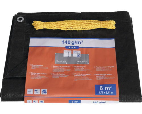 Stavebná plachta s lanom a okami, hmotnosť 140 gramov na meter štvorcový, veľkosť 6 metrov štvorcových