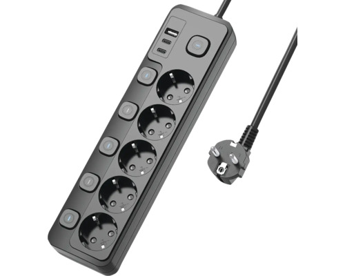 Predlžovací kábel VIKING YC53SB 5x 230 V (schuko) + 3x USB, 1,5 m a vypínačom, čierny Predlžovací kábel s piatimi zásuvkami a USB portami