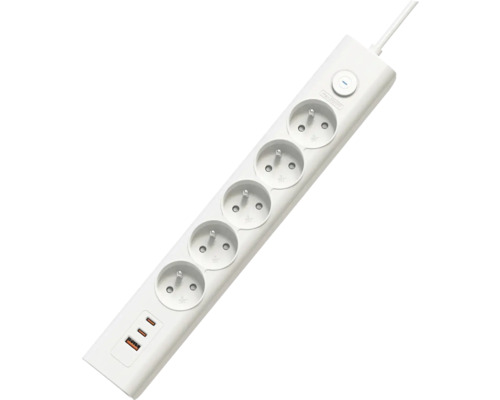 Predlžovací kábel VIKING YC53W s 5 zásuvkami + 3x USB, 1,5 m a vypínačom, biely Predlžovací kábel s piatimi zásuvkami a USB portami