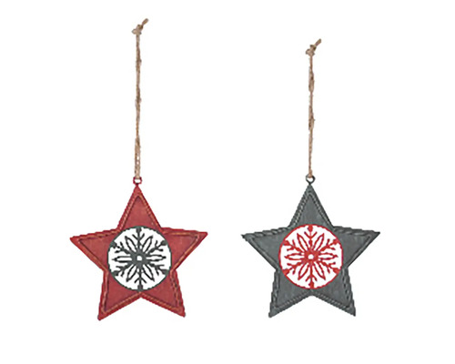 Závesná ozdoba hviezda s vločkou, kov, červená 9 cm 1 ks, rôzne druhy Dve hviezdy so vzorom snehovej vločky na zavesenie