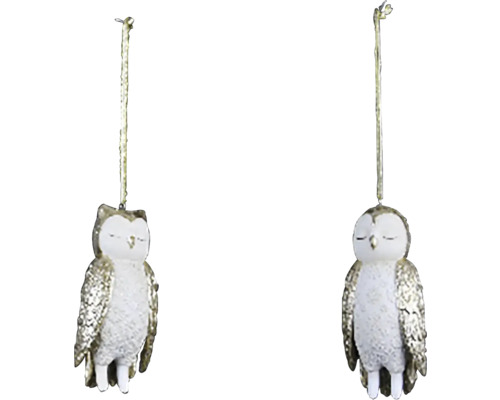 Záves sova, polyresin, krémová/zlatá Dve závesné sovie dekorácie pre sezónne dekorácie.