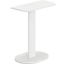 Biely odkladací stolík s oválnou nohou a obdĺžnikovou doskou.