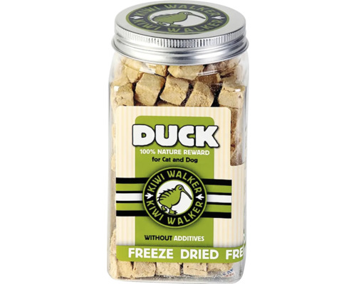 Maškrty pre psov a mačky Kiwi Walker mrazom sušené kačica 115 g Kiwi Walker kačacie kocky maškrta pre mačky a psy v pohári