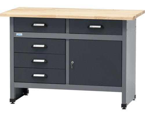 Pracovný stôl Küpper 1200 x 840 x 600 mm 5 zásuviek 1 dvierka antracit sivá Pracovný stôl so zásuvkami a skrinkou do dielne