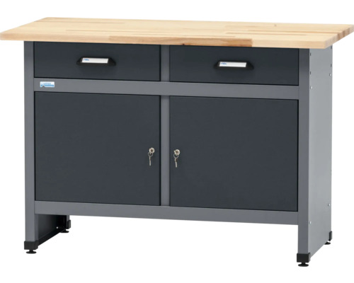 Pracovný stôl Küpper 1200 x 840 x 600 mm 2 zásuvky 2 dvierka antracit sivá Pracovný stôl so zásuvkami a uzamykateľnými skrinkami