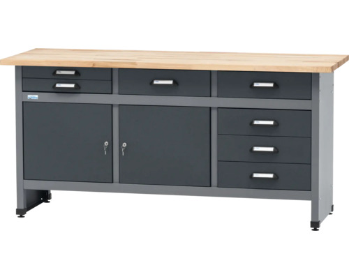 Pracovný stôl Küpper 1700 x 840 x 600 mm 7 zásuviek 2 dvierka antracit sivá Pracovný stôl so zásuvkami a skrinkami a drevenou pracovnou doskou