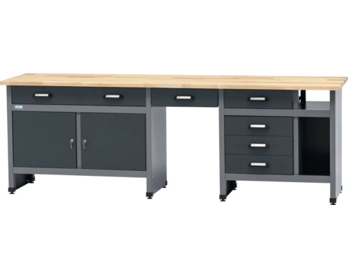 Pracovný stôl Küpper 2400 x 840 x 600 mm 6 zásuviek 2 dvierka antracit sivá Pracovný stôl so zásuvkami, skrinkami a drevenou pracovnou doskou.