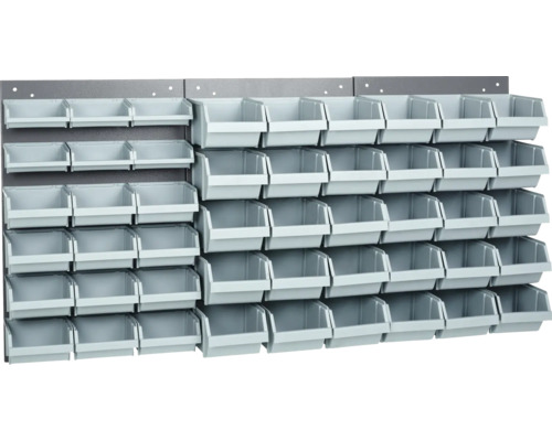 Panel na náradie a boxy Küpper 1200 x 600 x 100 mm 18 priehľadných boxov 3dielne sivá Nástenný regál so sivými úložnými boxmi na organizáciu náradia