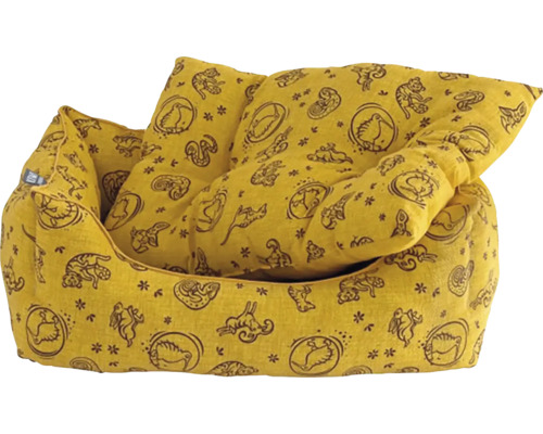 Žltá psia posteľ so zvieracím vzorom a vankúšom