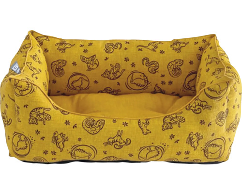 Žltá psia posteľ s motívmi zvierat