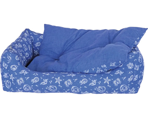 Modrá psia posteľ s námorníckymi motívmi a vankúšom