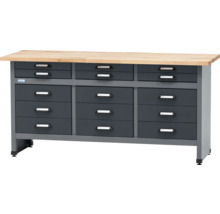 Pracovný stôl s deviatimi zásuvkami a drevenou pracovnou doskou