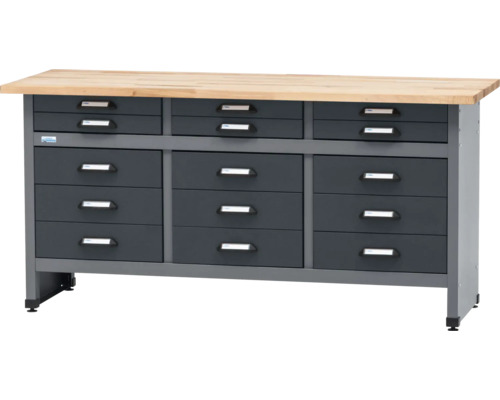 Pracovný stôl Küpper 1700 x 840 x 600 mm 15 zásuviek antracit sivá Pracovný stôl s deviatimi zásuvkami a drevenou pracovnou doskou