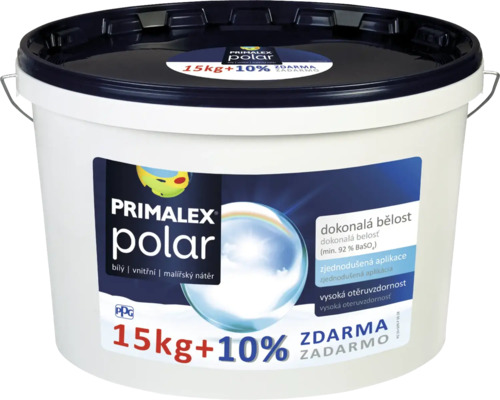 Farba na stenu Primalex Polar biela 15kg+10% zadarmo Vedro interiérovej farby Primalex Polar s 15 kilogramami plus 10 percent obsahu