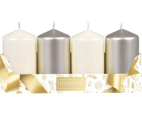 Adventné sviečky 5 x 9 cm MIX metalické lesklé 2+2 ks béžové, strieborné Štyri sviečky, dve farby slonovej kosti, dve strieborné farby, balené v ozdobnej krabičke