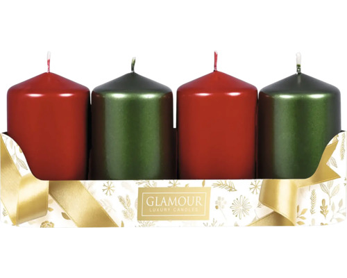 Adventné sviečky 5 x 9 cm MIX metalické lesklé 2+2 ks zelené, červené Štyri valcové sviečky v balení s logom Glamour Luxury Candles