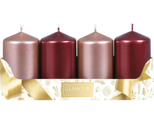 Adventné sviečky 5 x 9 cm MIX metalické lesklé 2+2 ks ružové, bordó Štyri sviečky v tvare pahýľa v darčekovom balení