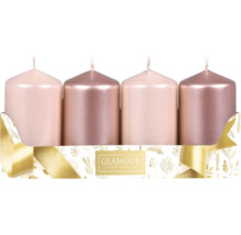 Štyri stĺpové sviečky v ružových tónoch v ozdobnom balení