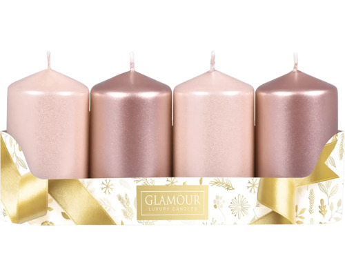 Adventné sviečky 5 x 9 cm MIX metalické lesklé 2+2 ks ružové Štyri stĺpové sviečky v ružových tónoch v ozdobnom balení