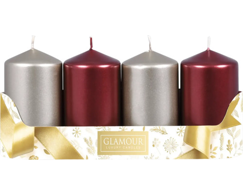 Adventné sviečky 5 x 9 cm MIX metalické lesklé 2+2 ks šampaň, bordó Štyri sviečky v darčekovom balení