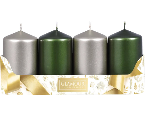 Adventné sviečky 5 x 9 cm MIX metalické lesklé 2+2 ks zelené, sivé Štyri valcové sviečky v striebornej a zelenej farbe v dekoratívnom balení.