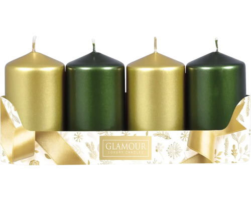 Adventné sviečky 5 x 9 cm MIX metalické lesklé 2+2 ks zelené, zlaté Štyri sviečky v zlatej a zelenej farbe v darčekovom balení